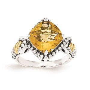 Sterling Silver With 14ky Citrine Cushion Ring